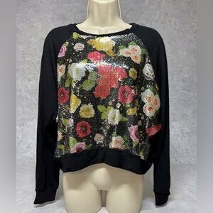 NWT Terez Sequin Floral Black Sweatshirt Party Night Out S